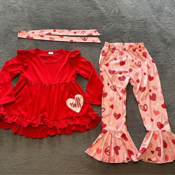 NEW 3pc Girls Valentine’s Day Belle Bottom Pants Outfit W/Matching Headband - Picture 2 of 5